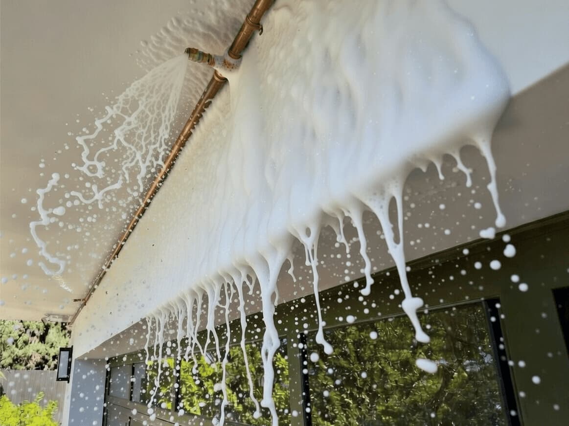 Thick white Class A foam pouring off the eave of a house and clinging in heavy curtains down the wall and windows.