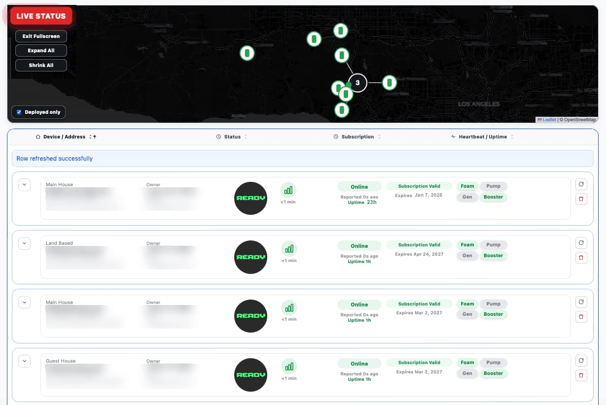 The FireShield monitoring dashboard: a live map of installed systems and a list of each one with its status and last heartbeat
