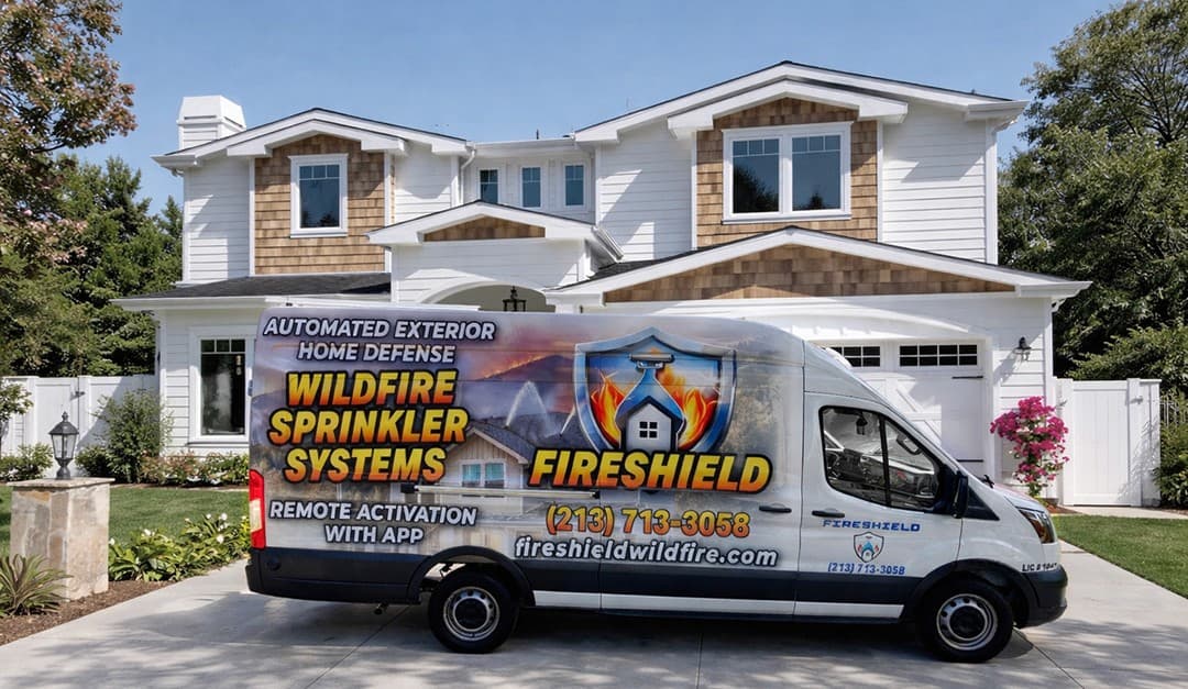 A branded FireShield service van parked in the driveway of a large white home, lettered with Automated Exterior Home Defense, Wildfire Sprinkler Systems, and the company phone number.
