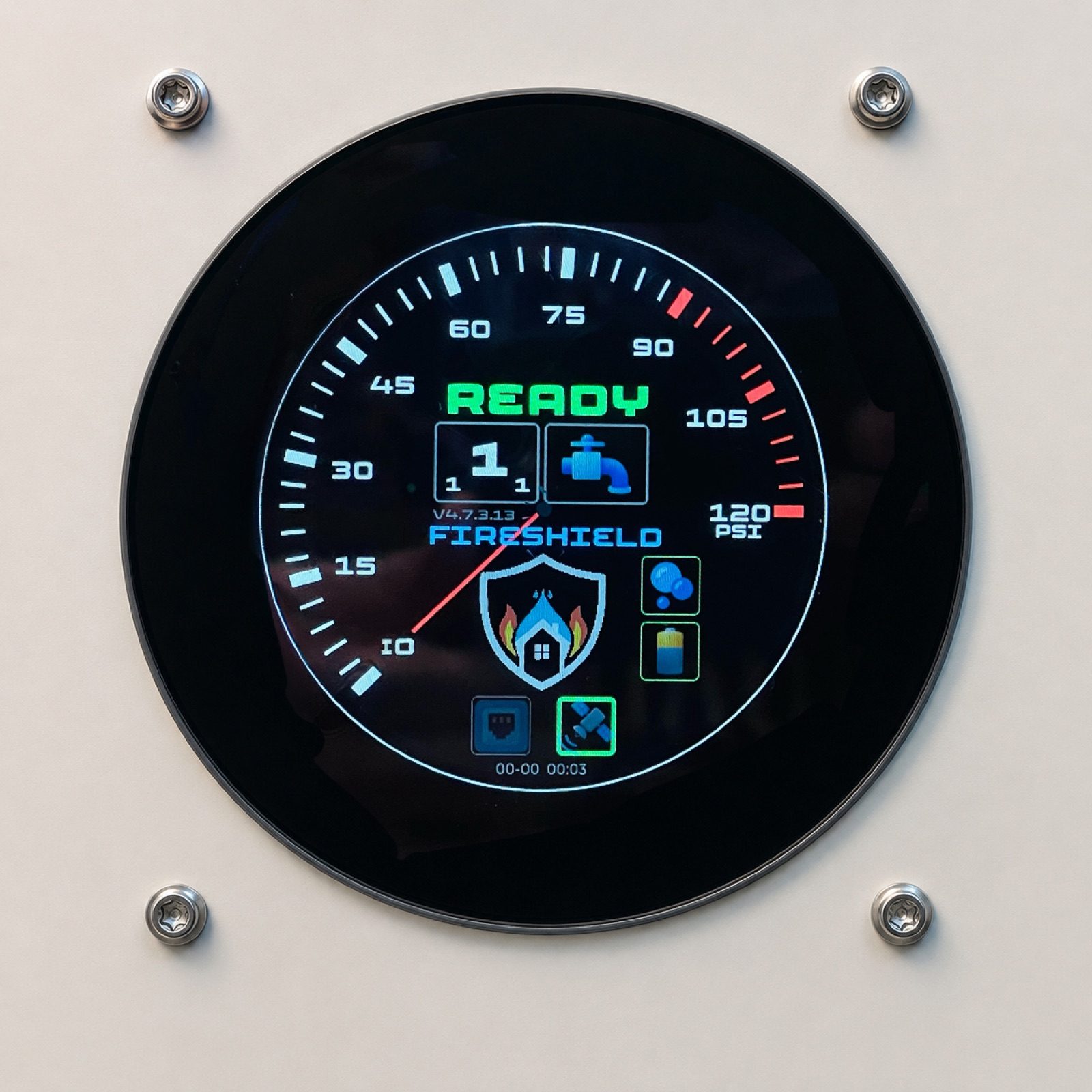 Plate 2 — The same display on an installed FireShield system, showing READY. Water pressure, flow, which zone is running, and whether the satellite link is up.