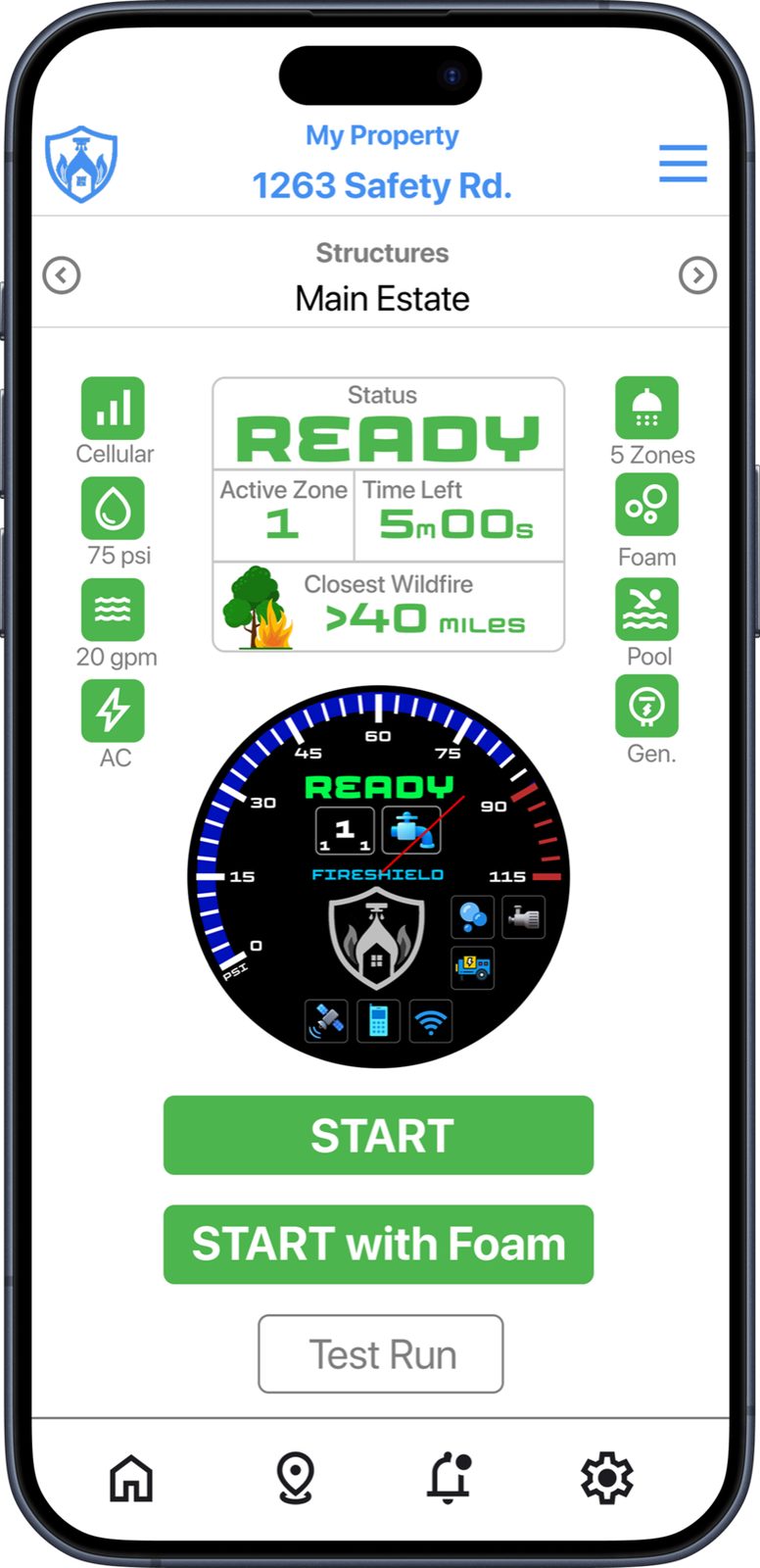 Plate 1 — The FireShield app. Every number behind these buttons lives in a settings file, not in the software.