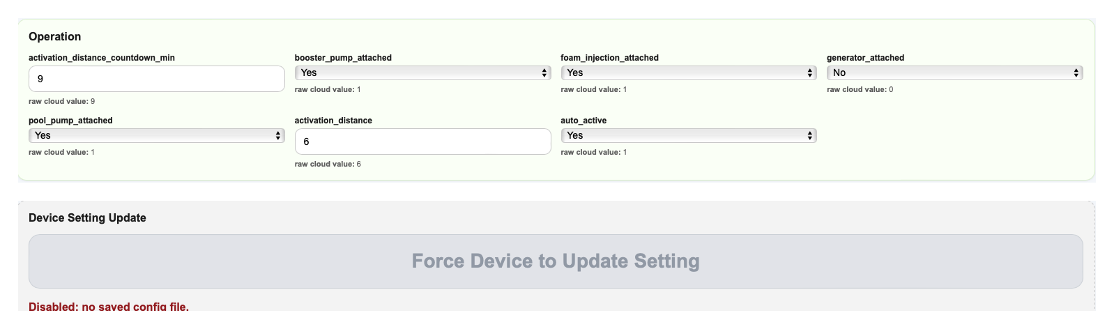 Plate 2 — The FireShield admin console. Every value here is pushed to the controller remotely: activation distance, countdown, which pumps and foam are attached. "Force Device to Update Setting" sends the file down.