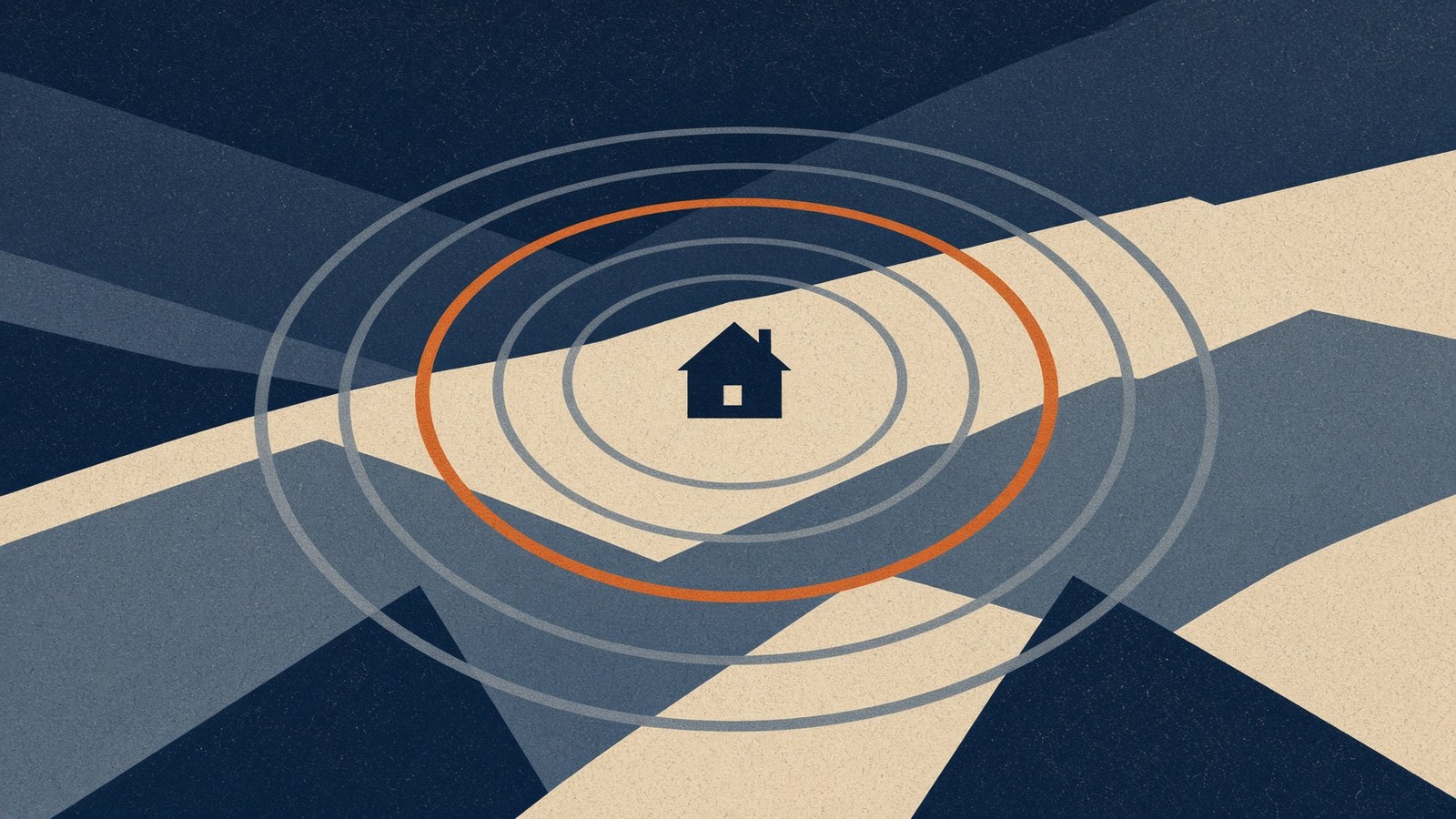 Illustration — a house on a ridge with measured rings radiating outward, one picked out in ember orange