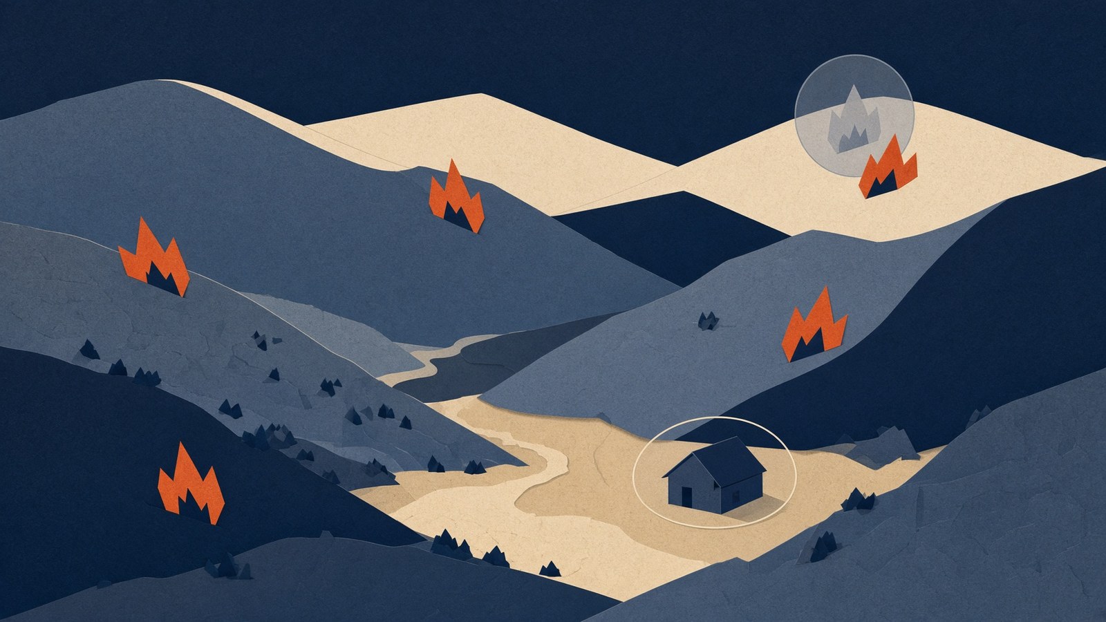 Illustration — several fires across the hills, one of them set aside inside a faded circle, while a single house sits inside a calm protective ring