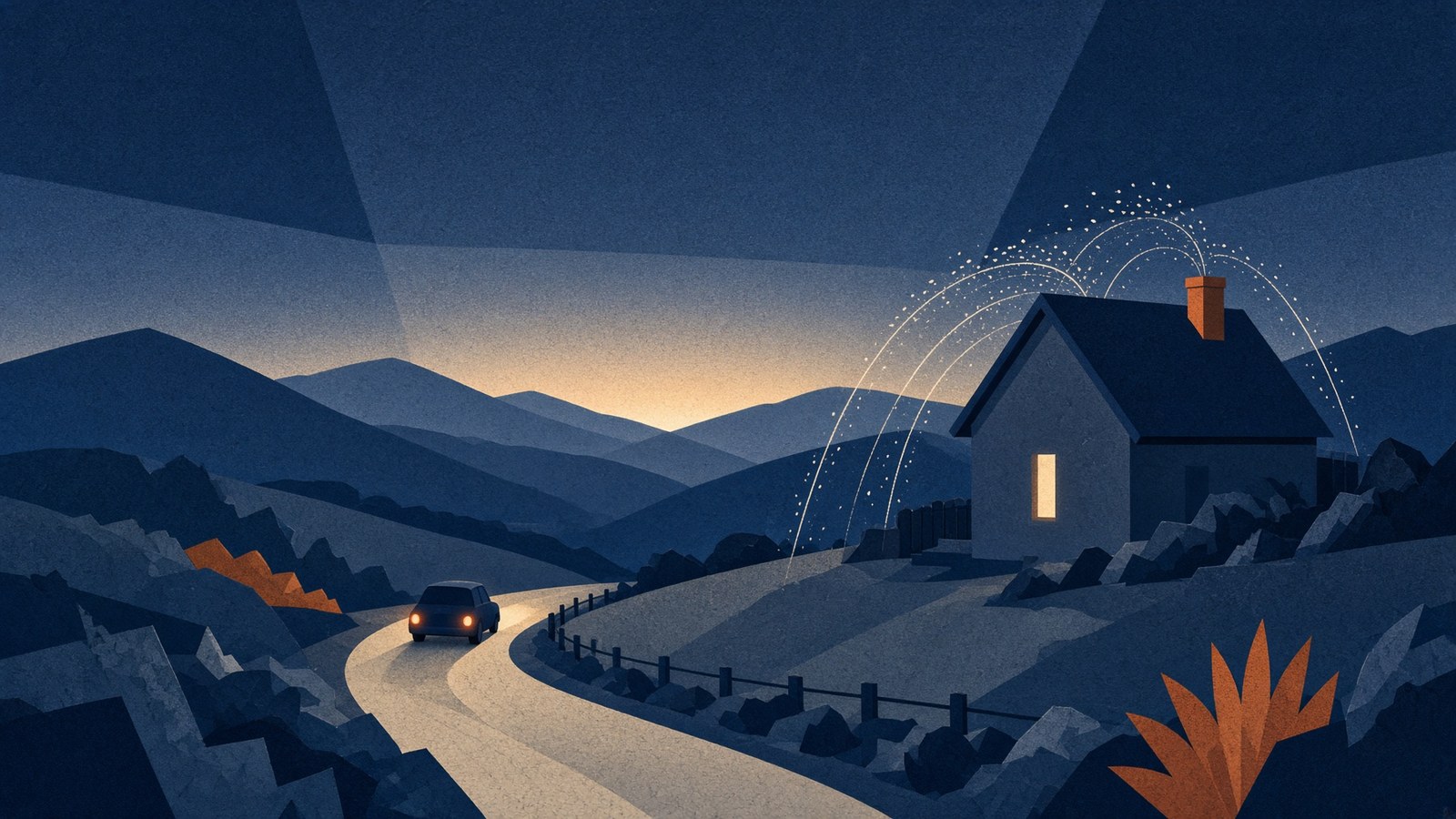 Illustration — a car pulling away at dawn from a house whose roofline is traced with arcs of water