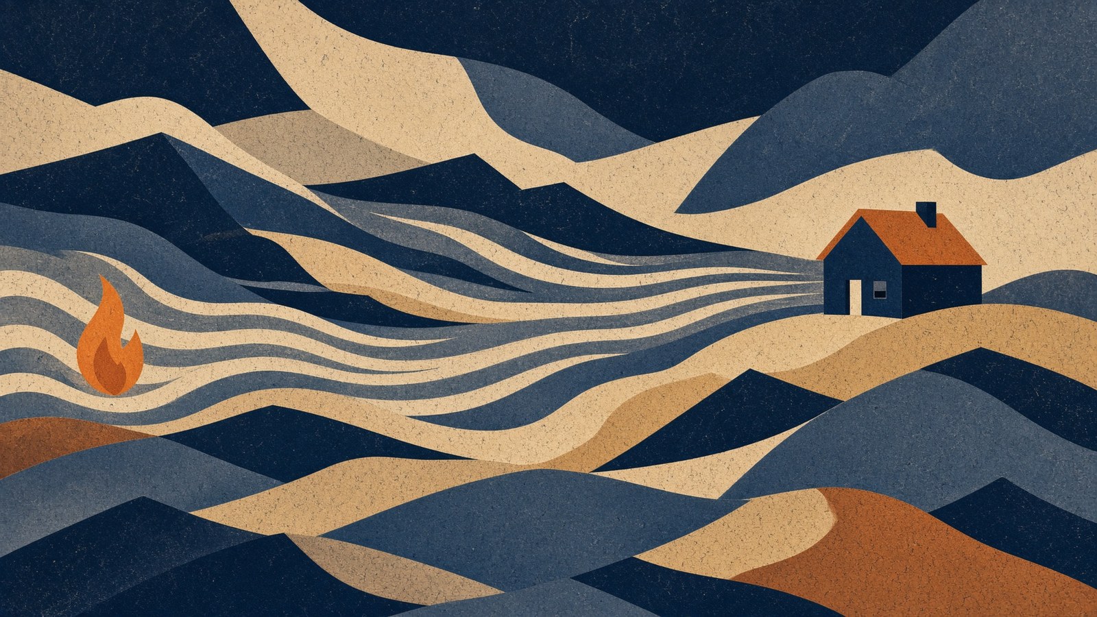 Illustration — wind streaks sweeping across folded terrain from a distant flame toward a house