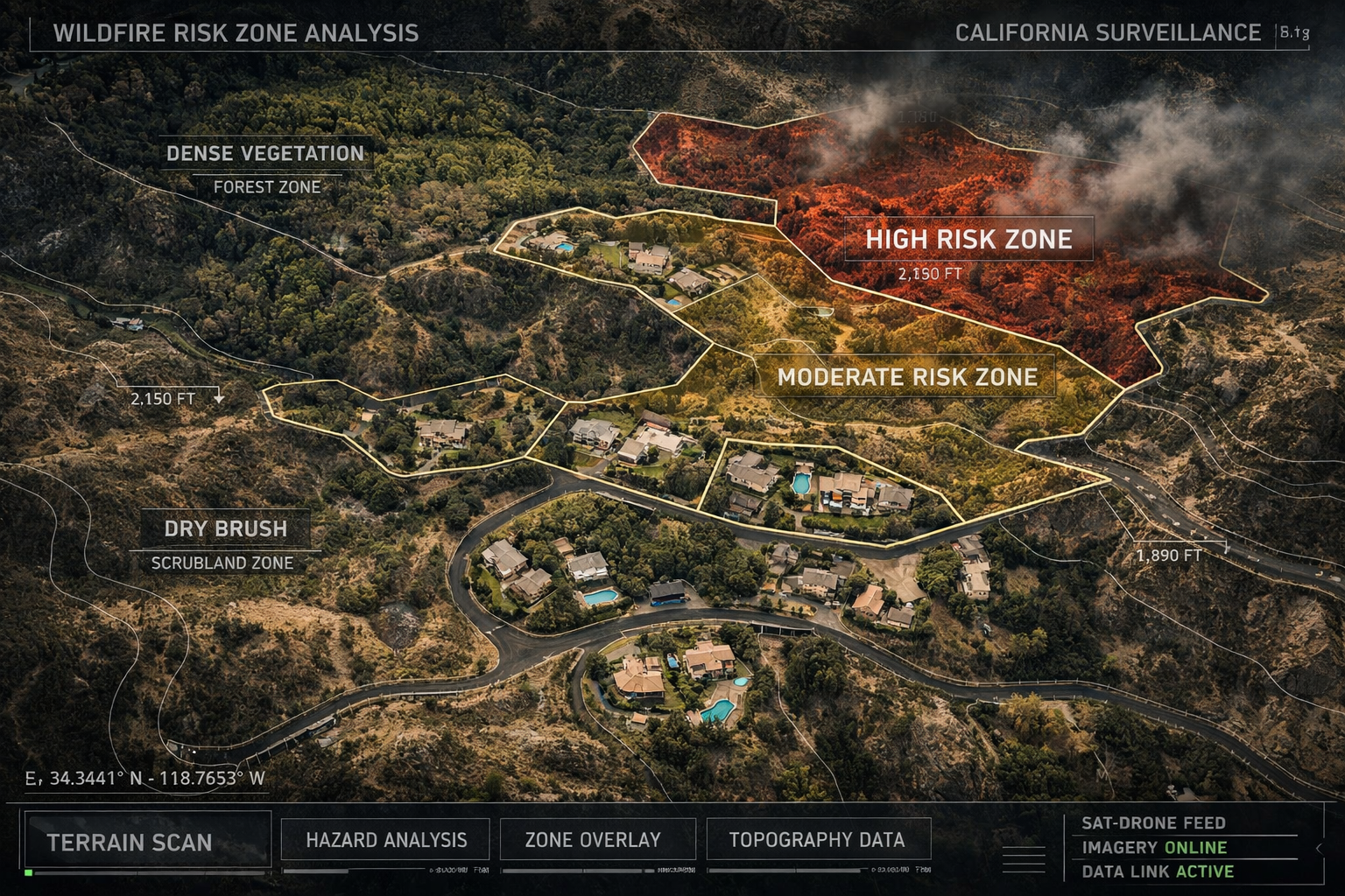 Aerial view of wildfire risk zone terrain