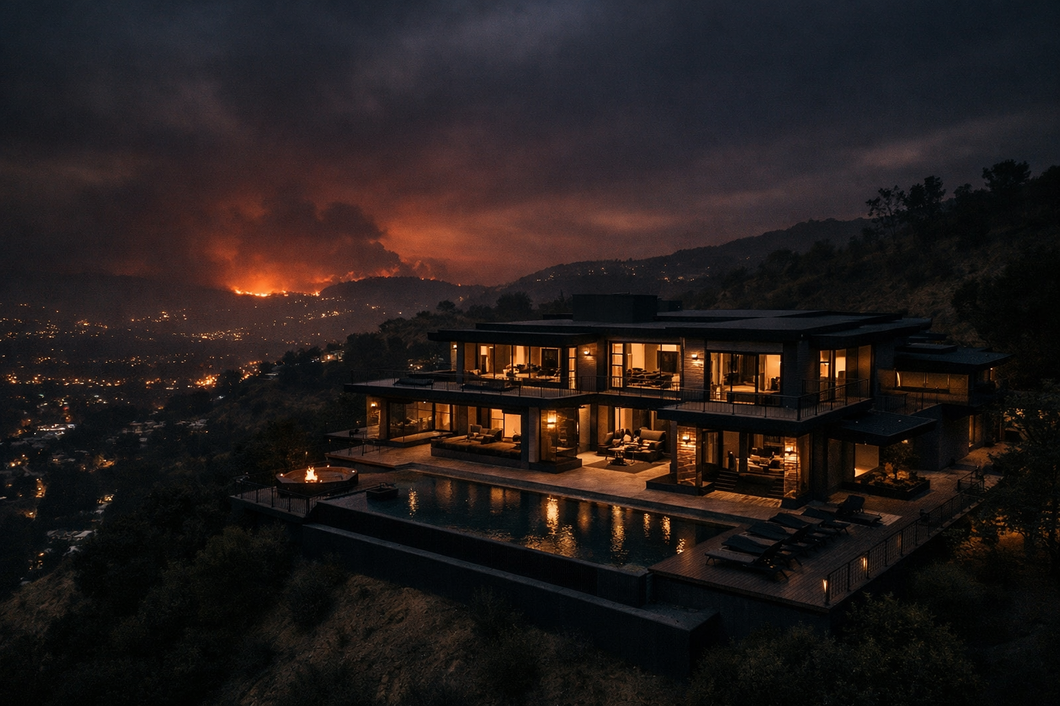 California hillside home at dusk